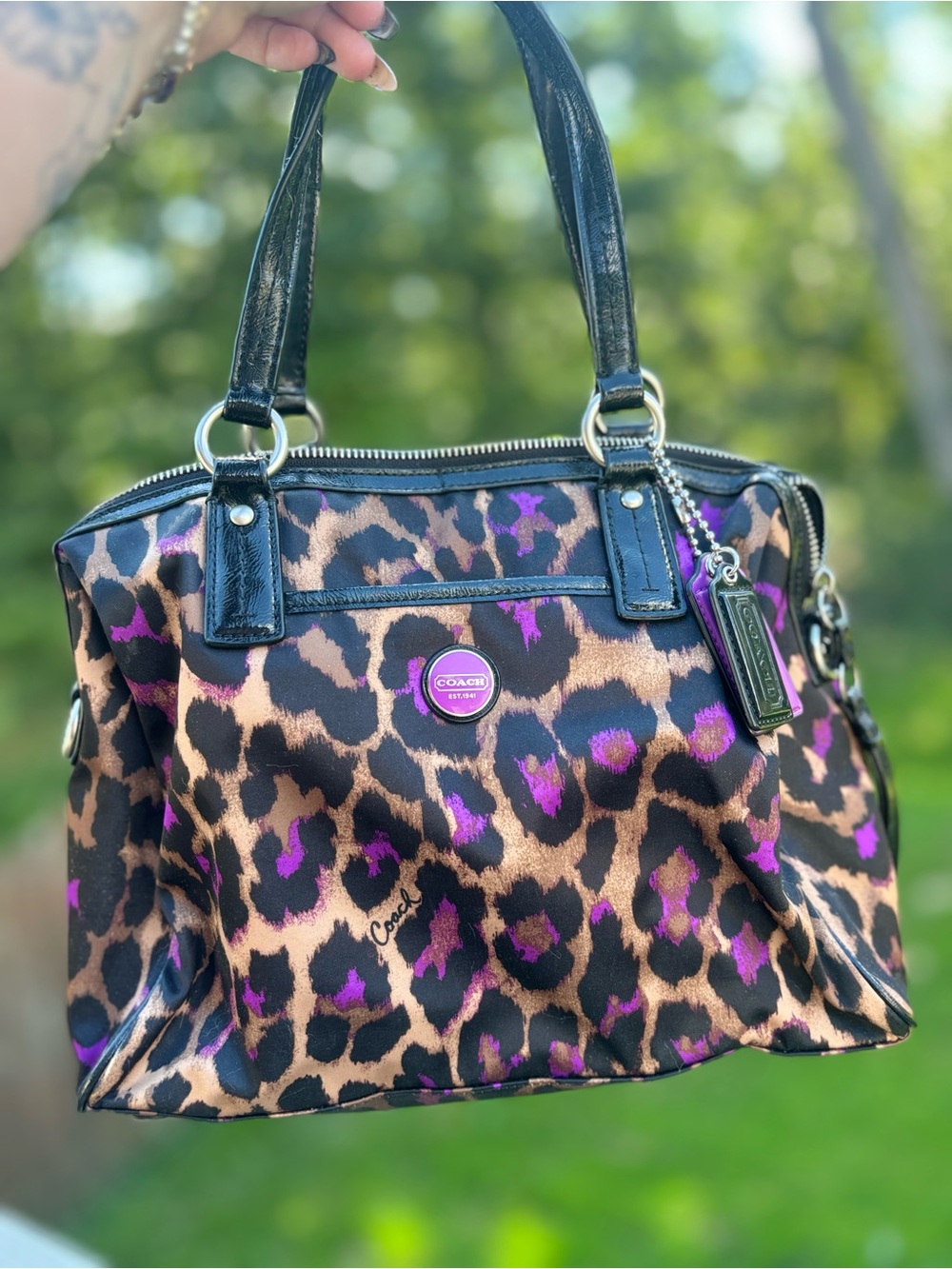Coach Leopard-Print Shoulder Bag in Brown, Black & Purple